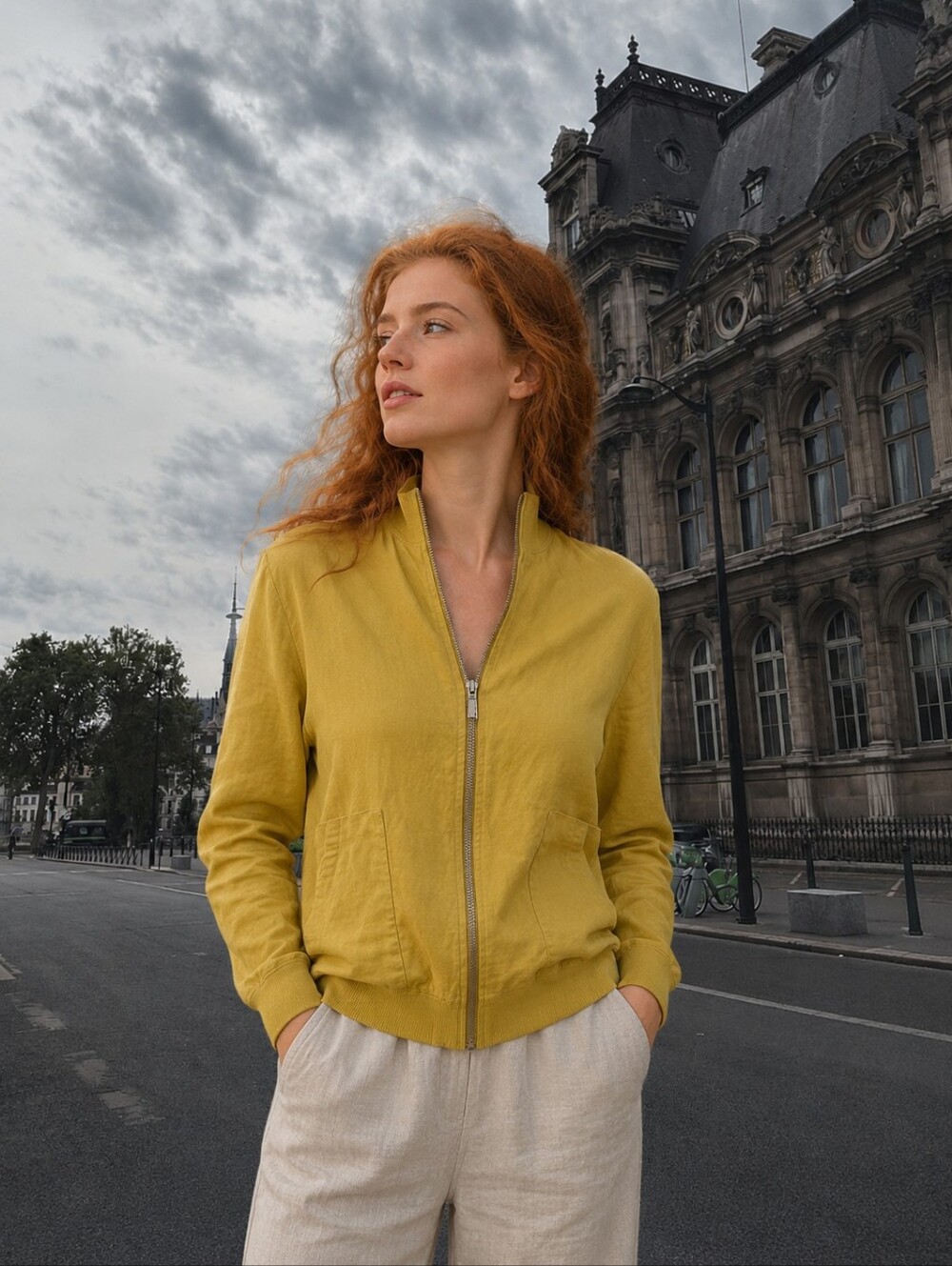Chico's Yellow 100% Linen Full Zip Bomber Jacket Size 2 Or Large